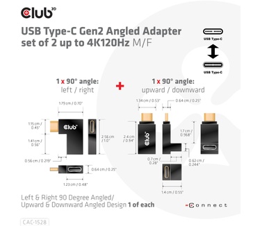 Club 3D USB Type-C Gen2 Angled Adapter set van 2 - 4K120Hz M/V