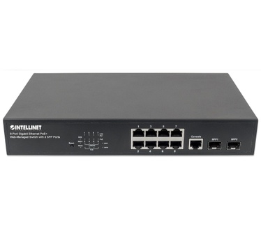 Intellinet 8-Port Gigabit Ethernet PoE+ Web-Managed Switch with 2 SFP Ports, IEEE 802.3at/af Power over Ethernet (PoE+/PoE) Compliant, 140 W, Endspan, Desktop, 19" Rackmount (Euro 2-pin plug)