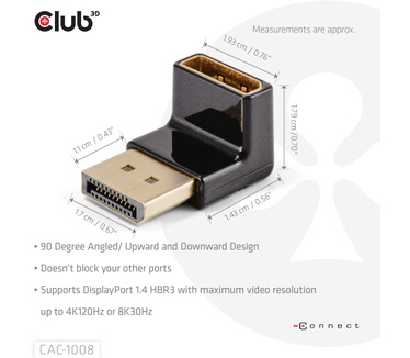 Club 3D DisplayPort Male to DisplayPort 1.4 Female 90 Degree Angled Adapter 4K120Hz M/F