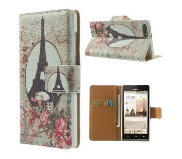 qMust Huawei Ascend G6 3G Wallet Case met stand (eiffel tower & pretty roses)