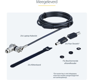 Startech.com 25-Pack Universeel Laptop Kabelslot, 2m Security Kabel met Master Key, Computerbeveiliging, Compatibel met Noble Wedge&reg;/Nano/K-Slot, Anti-Diefstal Snijbestendige Kabel