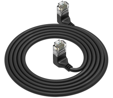 ACT Zwarte 3 meter U/UTP CAT6A LSZH Slimline patchkabel met RJ45 connectoren 90° haaks boven naar 90° haaks boven