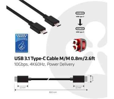 Club 3D USB 3.1 Type C (10Gbps) Kabel 0.8Meter, PowerDelivery 100Watt, Supports 4K60Hz