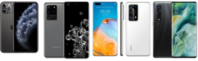Apple iPhone 11 Pro, Samsung Galaxy S20 Ultra, Huawei P40+ en Oppo Find X2 Pro