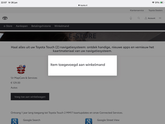 Toyota e-Store blijft hangen op “item toegevoegd aan winkelwagen”