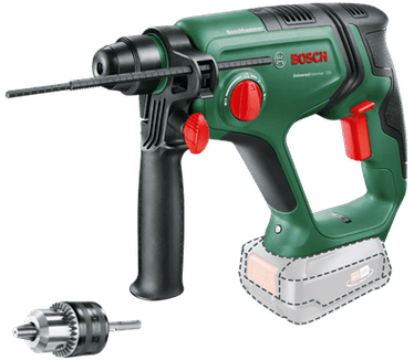 Bosch universele hamer 18 V (zonder accu, 18 volt-systeem, met ronde schachtadapter, voor boren, hamerboren, beitelen en schroeven, in doos)