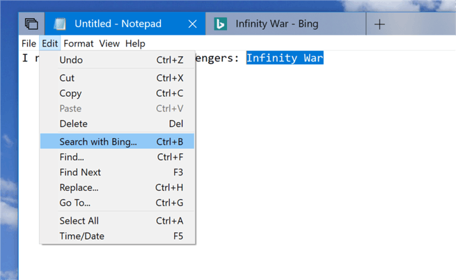Windows 10 Redstone 5 Notepad Bing