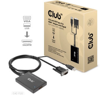 Club 3D VGA and USB Type-A to HDMI Adapter with Pigtail M/F 0.6m/1.97ft 28AWG