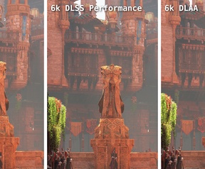 Vergelijking van 6k-beeld met DLSS Performance, 6k-beeld met DLAA en een 4k-beeld met DLAA (geschaald)