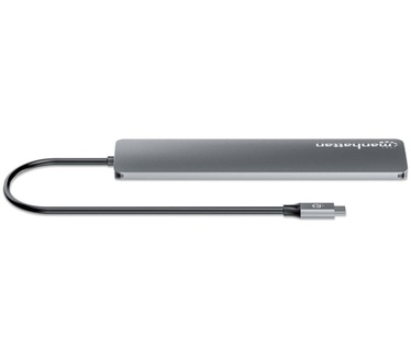 Manhattan USB-C dock/hub, poorten (7): USB-A (3×) en USB-C (4×), met Power Delivery (PD) 100 W - vereist een externe USB-C-lader (niet inbegrepen). USB-gevoed (geen externe voeding vereist) wanneer PD niet wordt gebruikt, aluminium