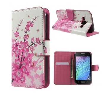 qMust Samsung Galaxy J1 Wallet Case - hoesje met stand - Pink Blossom