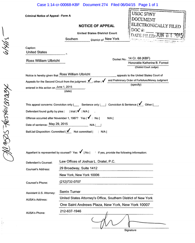 Ross Ulbricht notice of appeal