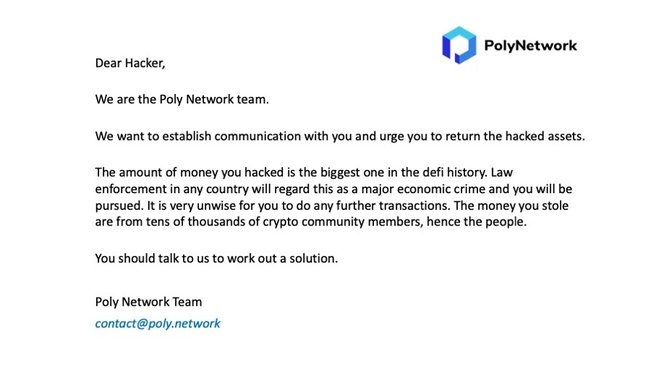 Bericht aan hacker Poly Network